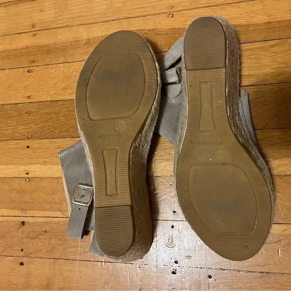 Kanna suede wedge espadrille sandals taupe grey beige double ankle buckle 9.5 41